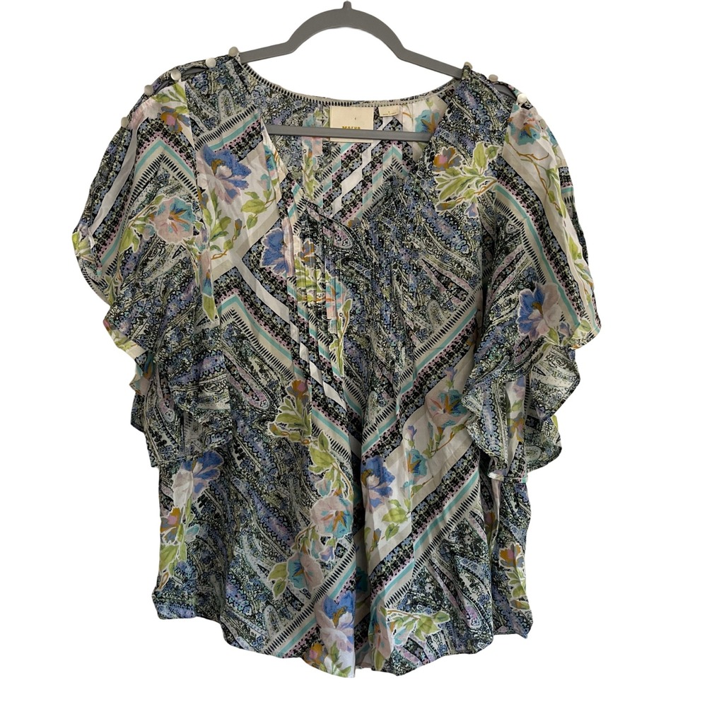 Maeve Pintuck Ruffle Blouse Womens 8 Multi Color Paisley Floral V-Neck Boho
